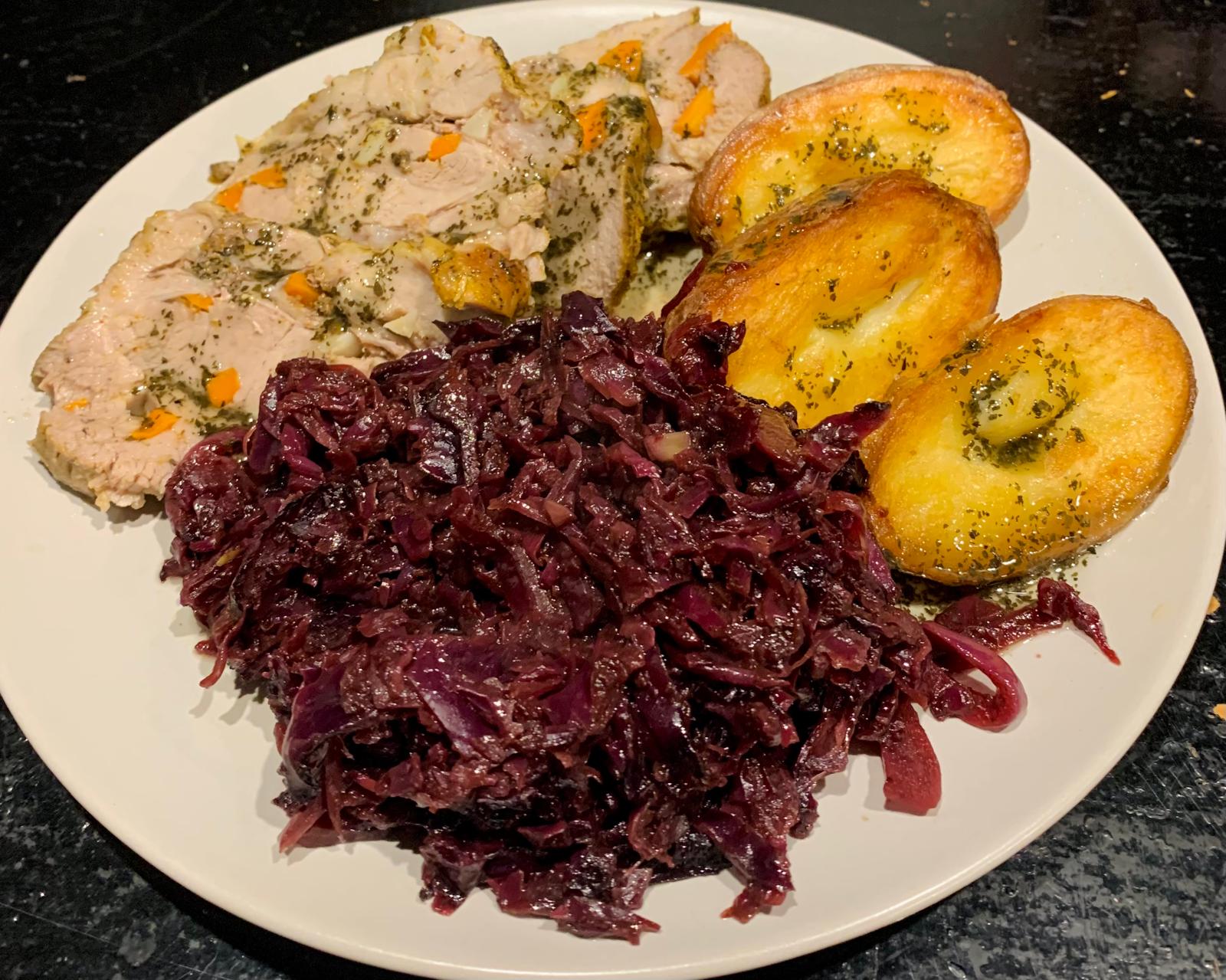 Baked Stuffed Pork with Potatoes and Red Cabbage