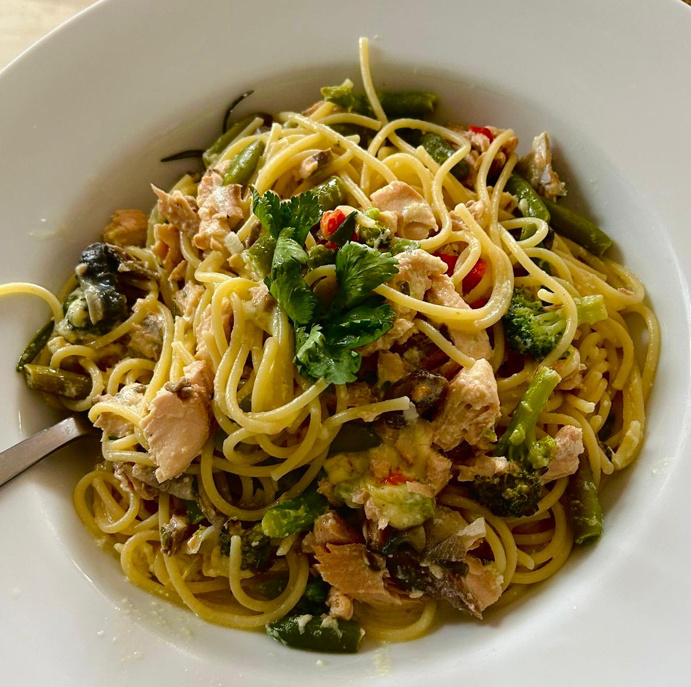 Salmon and Vegetables Pasta in Creamy Sauce